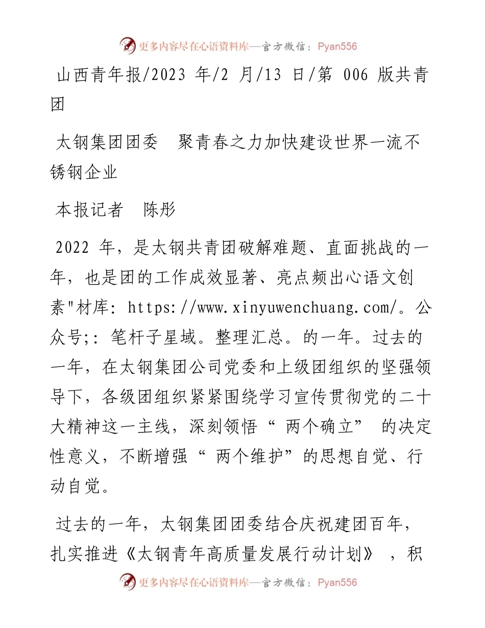 2023.02.13本报记者陈彤：太钢集团团委聚青春之力加快建设世界一流不锈钢企业.docx_第1页