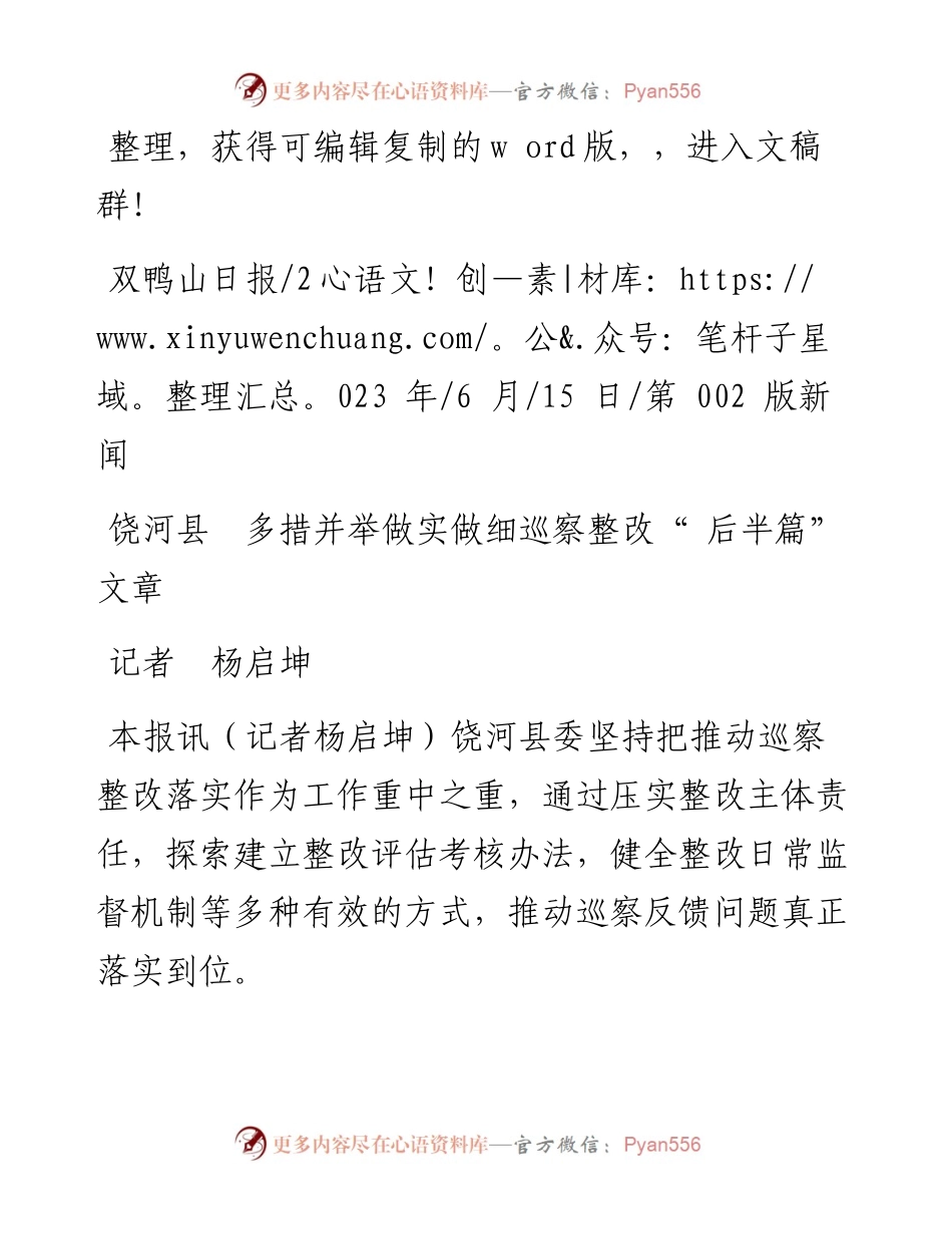 2023.06.15记者杨启坤：饶河县多措并举做实做细巡察整改后半篇文章.docx_第1页