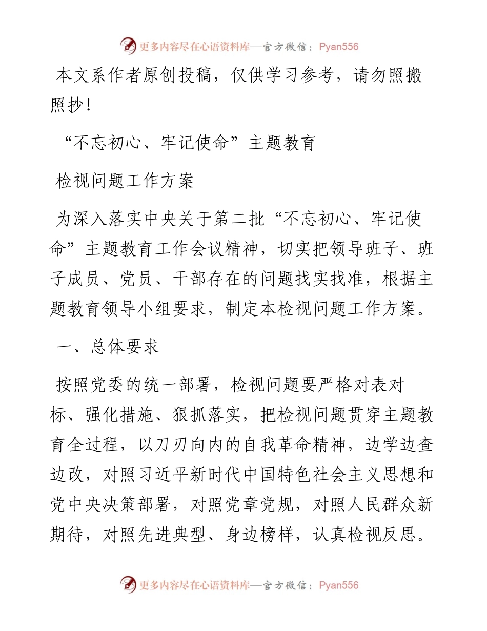 1017不忘初心牢记使命主题教育检视问题工作方案.docx_第1页