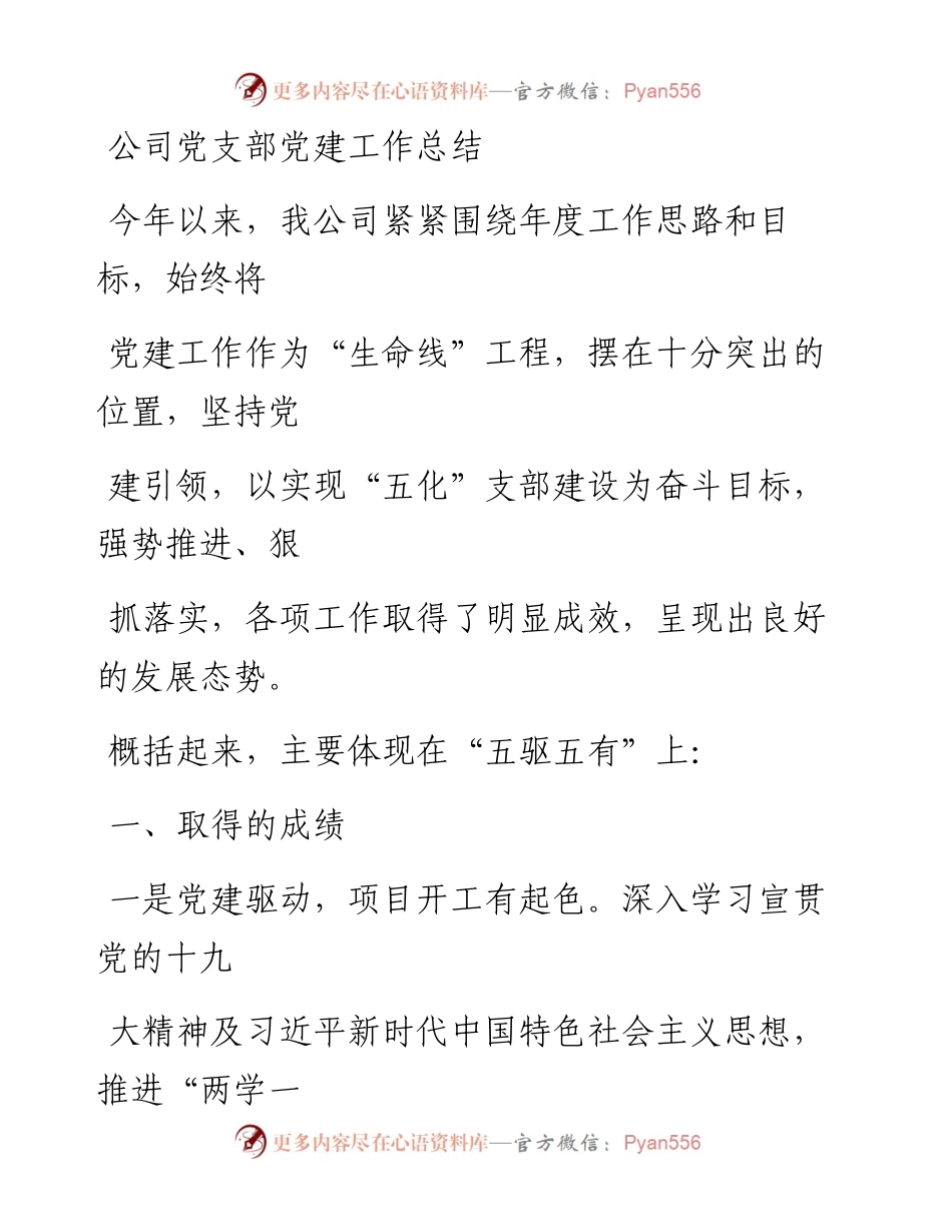 1201笔友分享公司党支部党建工作总结.docx_第1页
