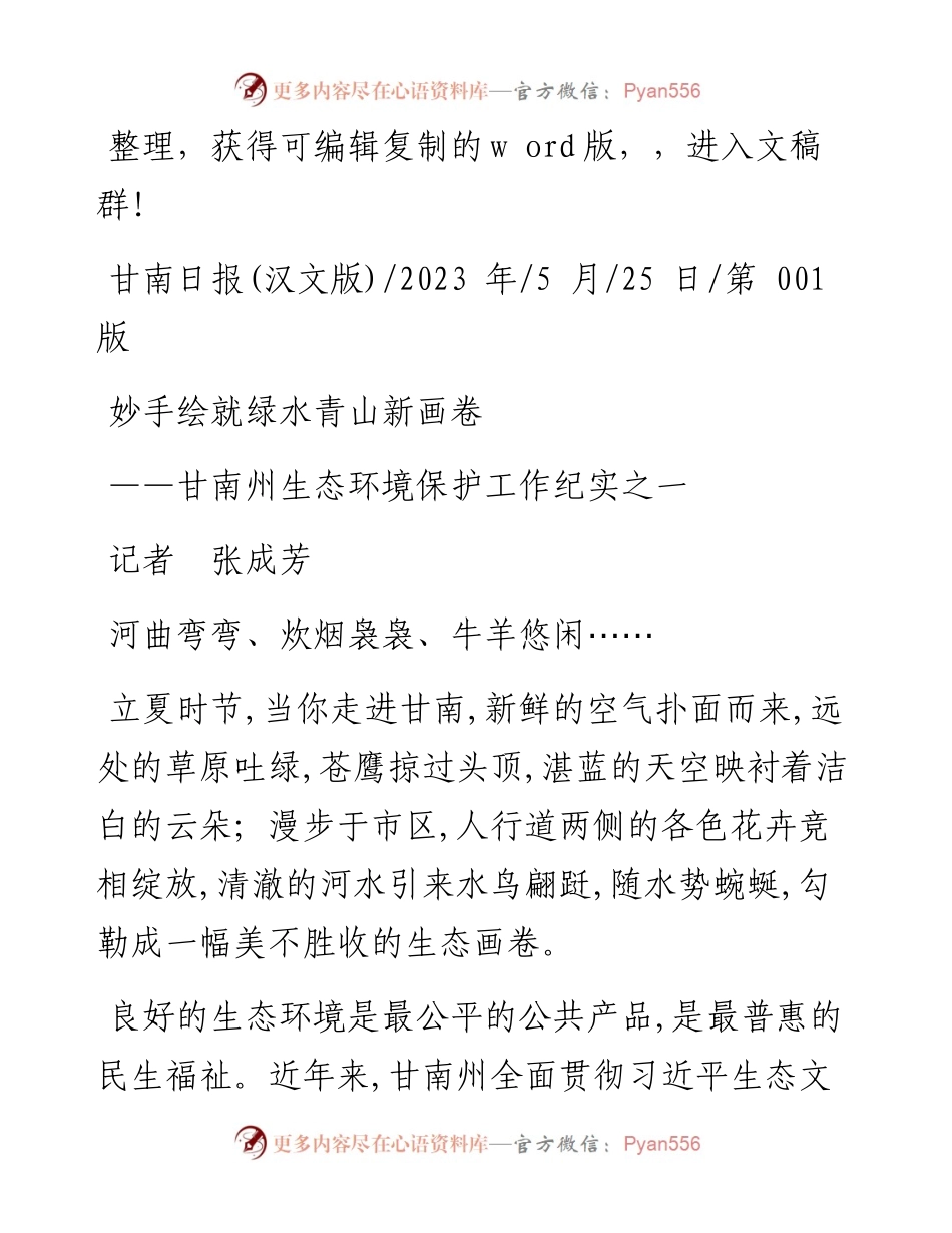 2023.05.25记者张成芳：妙手绘就绿水青山新画卷.docx_第1页