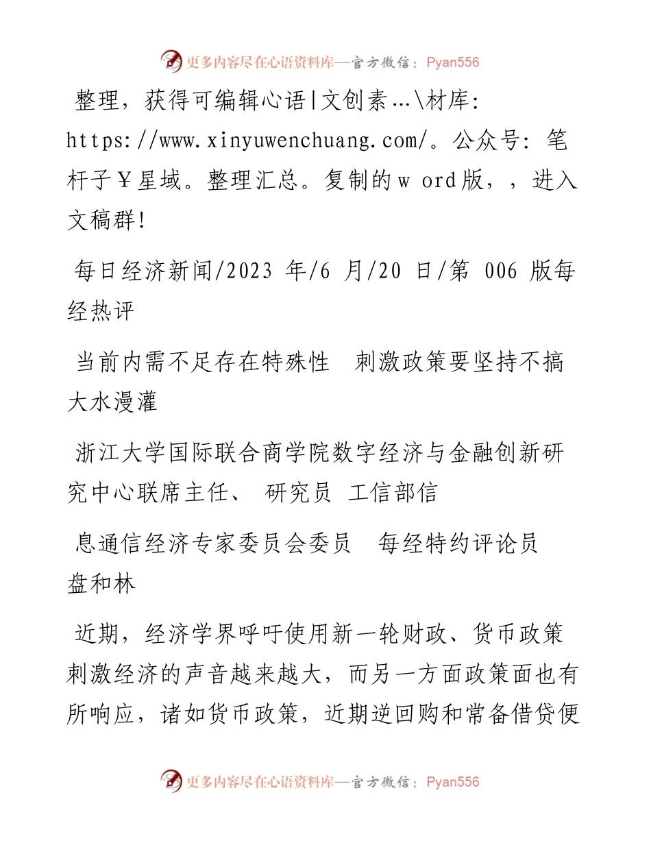 2023.06.20盘和林：当前内需不足存在特殊性刺激政策要坚持不搞大水漫灌.docx_第1页