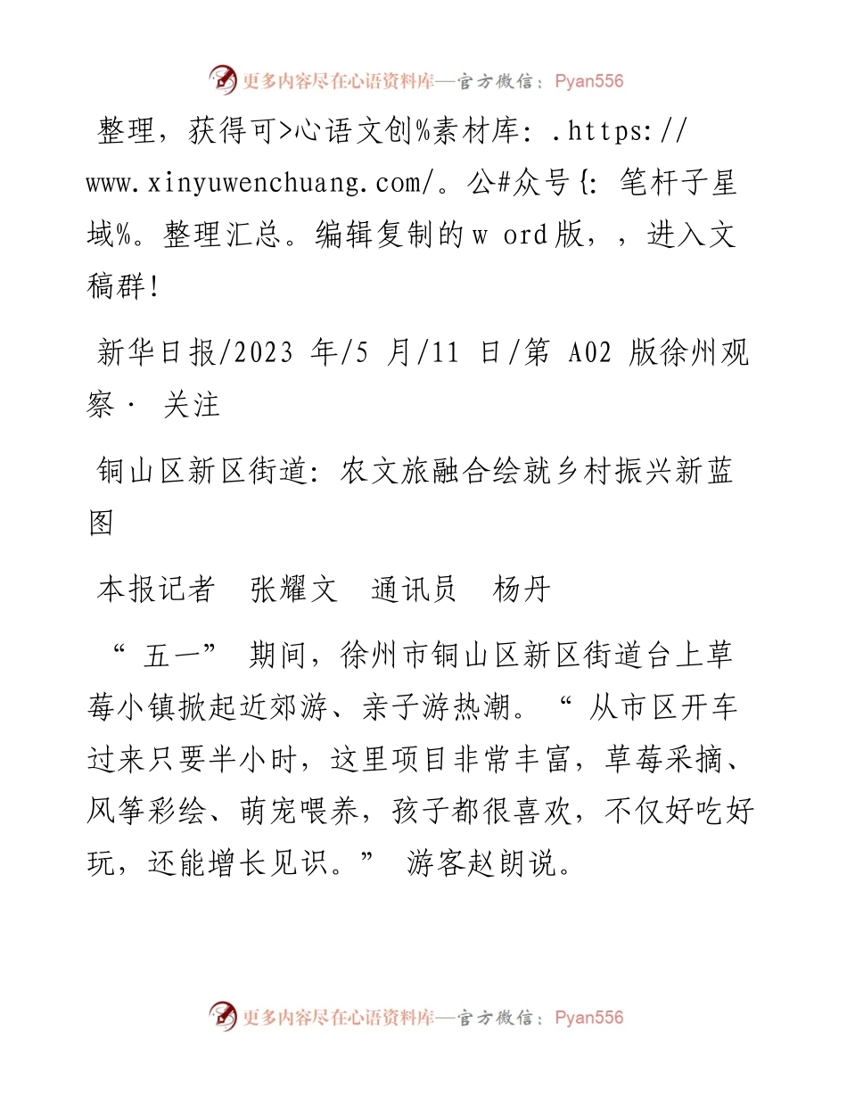 2023.05.11本报记者张耀文通讯员杨丹：铜山区新区街道：农文旅融合绘就乡村振兴新蓝图.docx_第1页