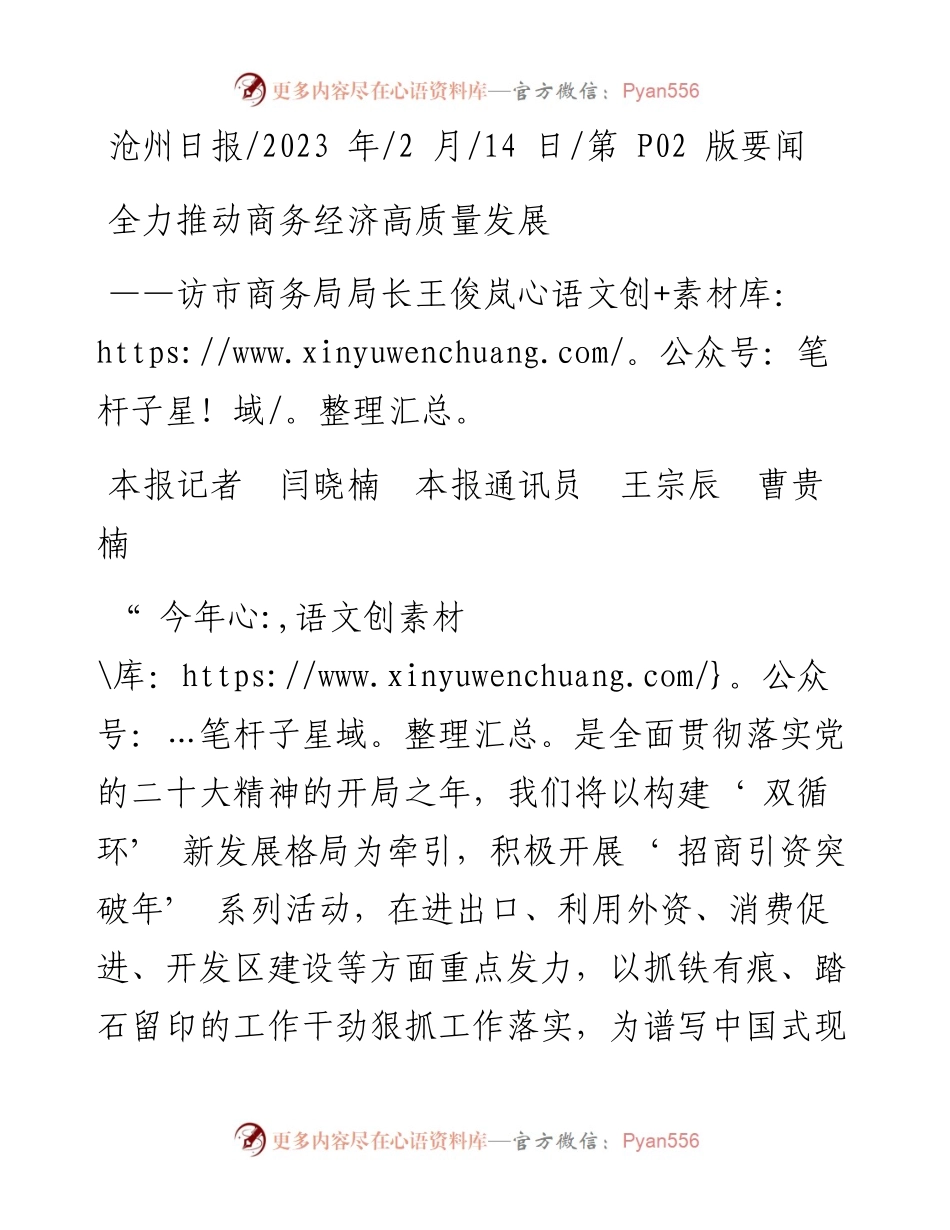 2023.02.14本报记者闫晓楠本报通讯员王宗辰曹贵楠：全力推动商务经济高质量发展.docx_第1页
