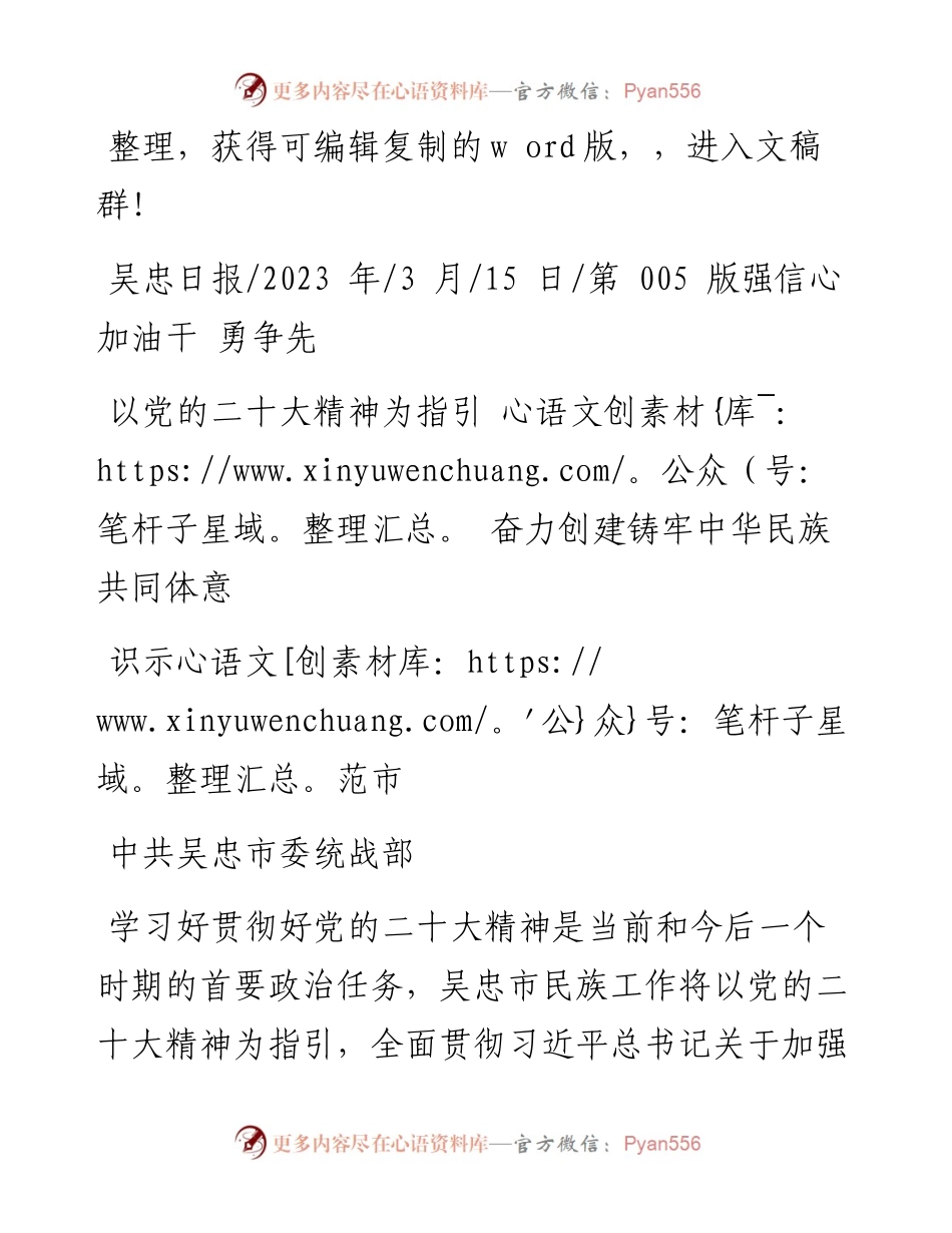 2023.03.15中共吴忠市委统战部：以党的二十大精神为指引奋力创建铸牢中华民族共同体意识示范市.docx_第1页