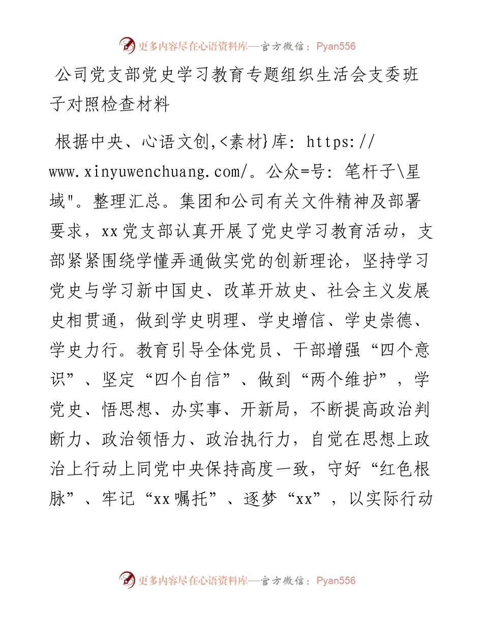 15080【公司党支部党史学习教育专题组织生活会支委班子对照检查材料.docx_第1页