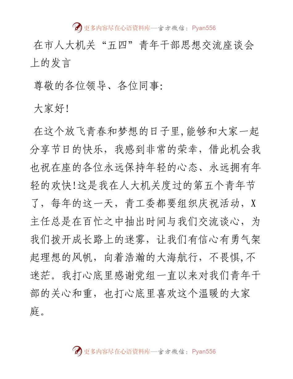 13577【在市人大机关“五四”青年干部思想交流座谈会上的发言.docx_第1页