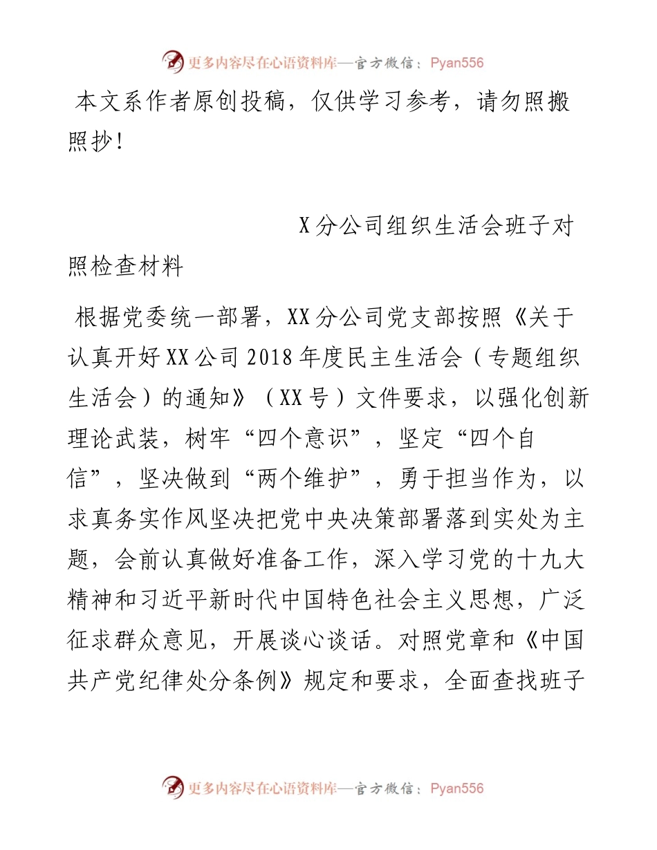 1901155-分公司组织生活会班子对照检查材料.docx_第1页