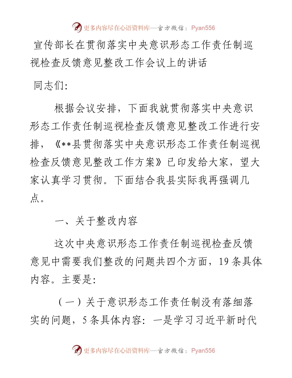 104、宣传部长在贯彻落实中央意识形态工作责任制巡视检查反馈意见整改工作会议上的讲话.docx_第1页