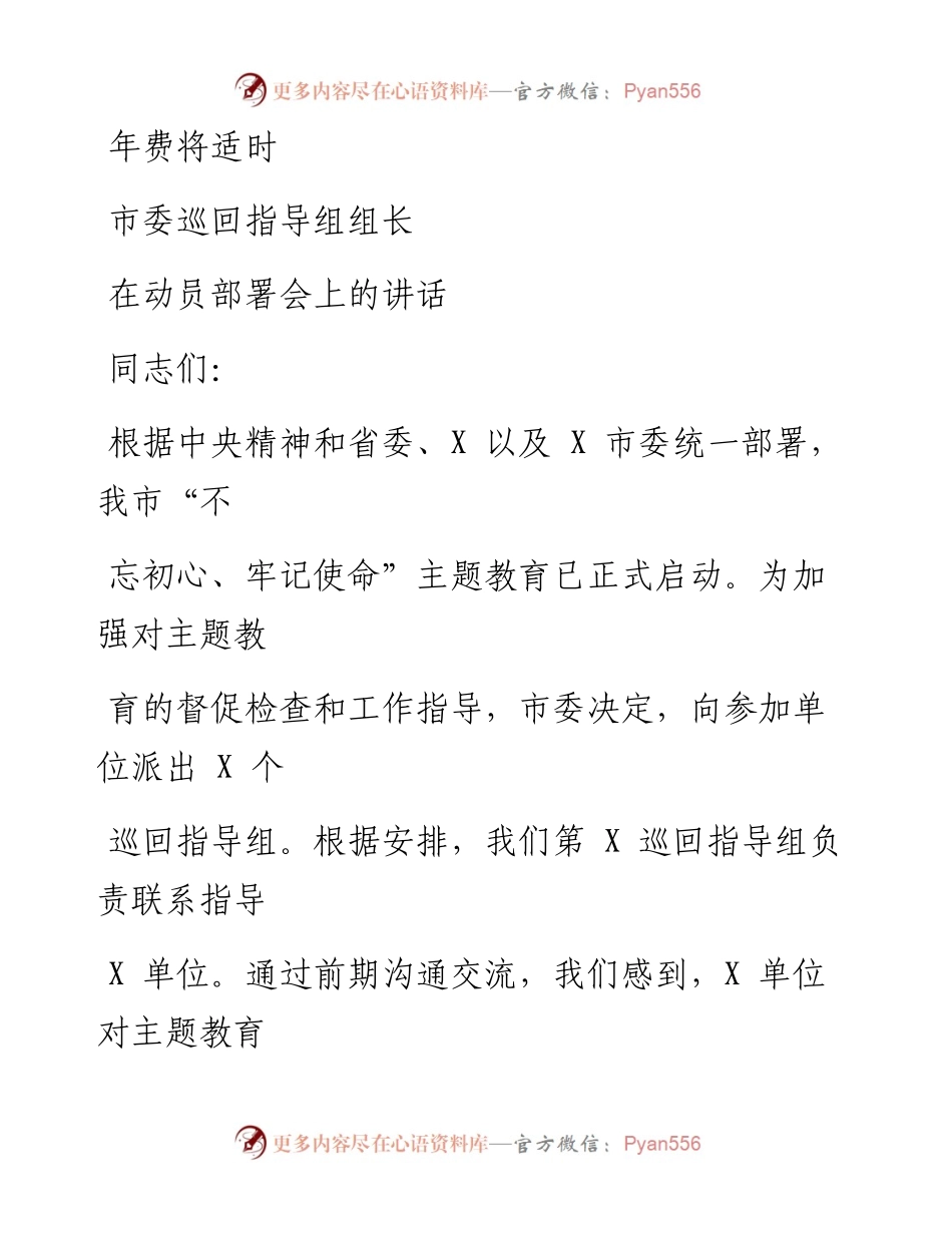 1116笔友分享市委巡回指导组组长在动员部署会上的讲话.docx_第1页