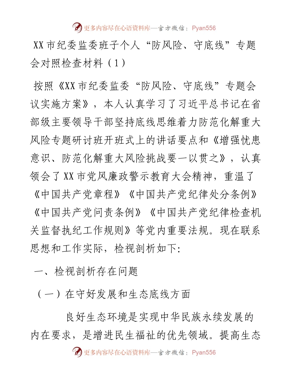 1029XX市纪委监委班子个人“防风险、守底线”专题会对照检查材料（1）.docx_第1页