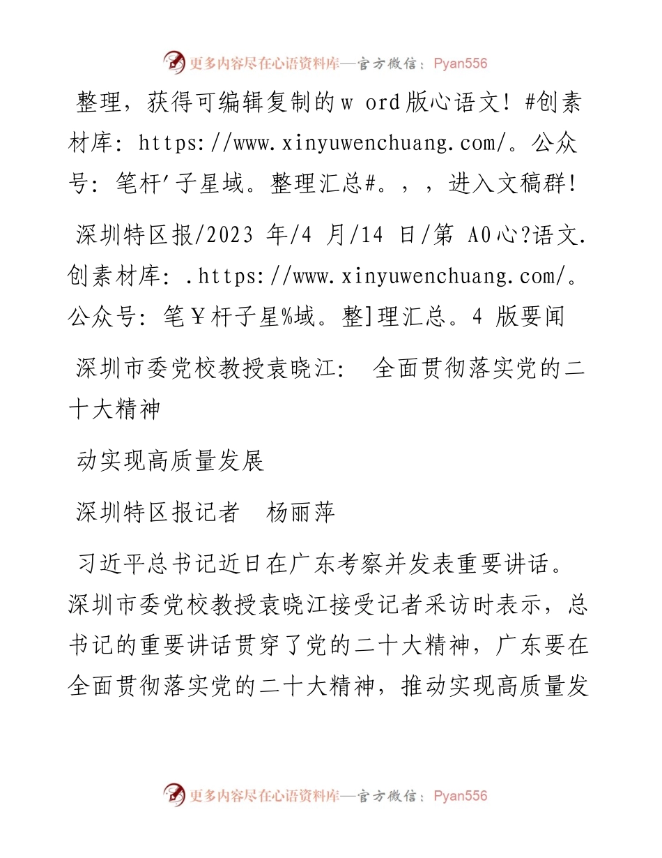 2023.04.14深圳市委党校教授袁晓江：全面贯彻落实党的二十大精神推动实现高质量发展.docx_第1页