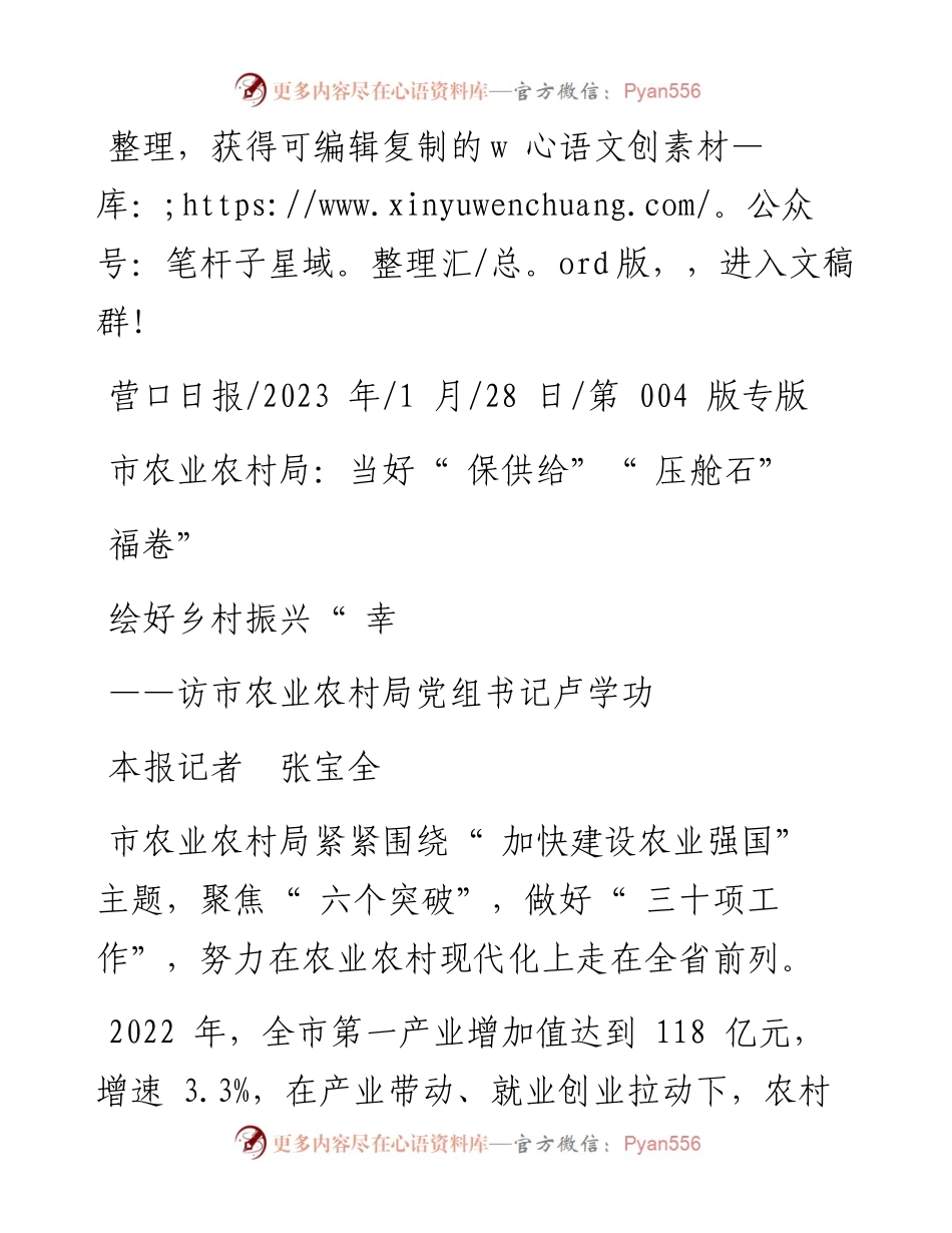 2023.01.28本报记者张宝全：市农业农村局：当好保供给压舱石绘好乡村振兴幸福卷.docx_第1页