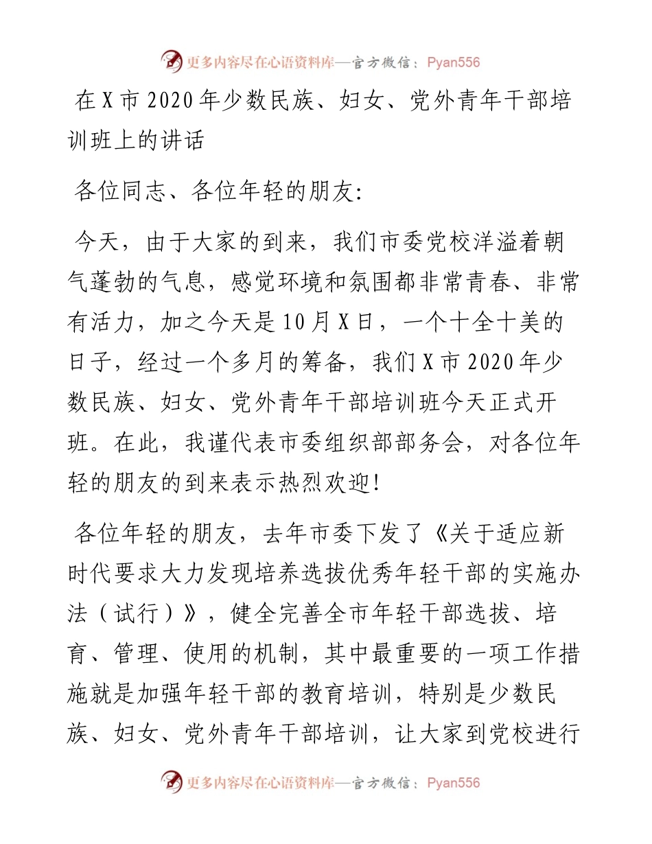 1028在X市少数民族、妇女、党外青年干部培训班上的讲话.docx_第1页