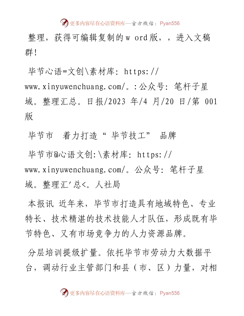 2023.04.20毕节市人社局：毕节市着力打造毕节技工品牌.docx_第1页