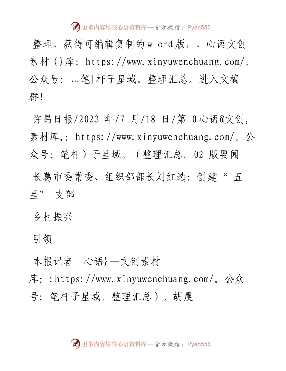 2023.07.18本报记者胡晨：长葛市委常委、组织部部长刘红选：创建五星支部引领乡村振兴.docx_第1页