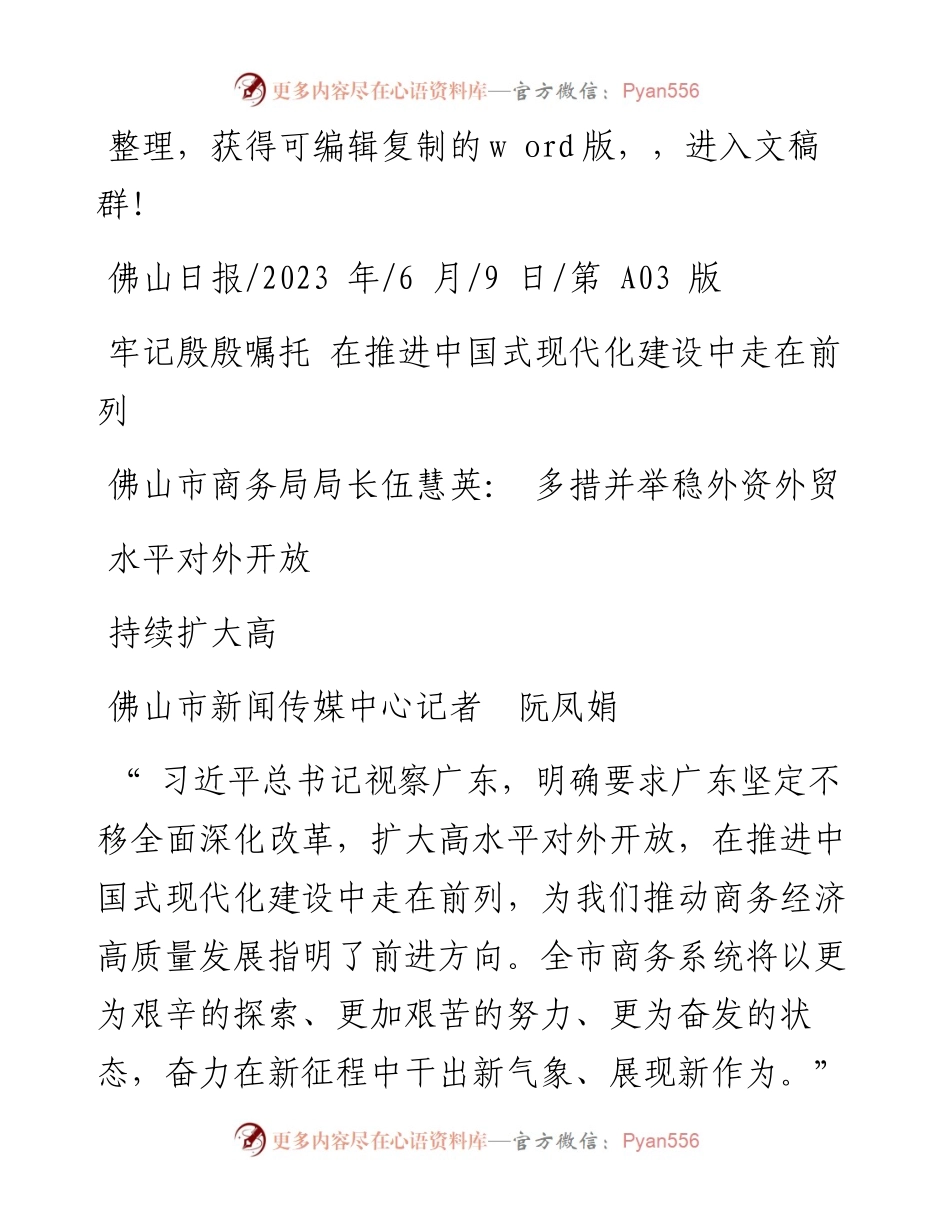 2023.06.09佛山市商务局局长伍慧英：多措并举稳外资外贸持续扩大高水平对外开放.docx_第1页