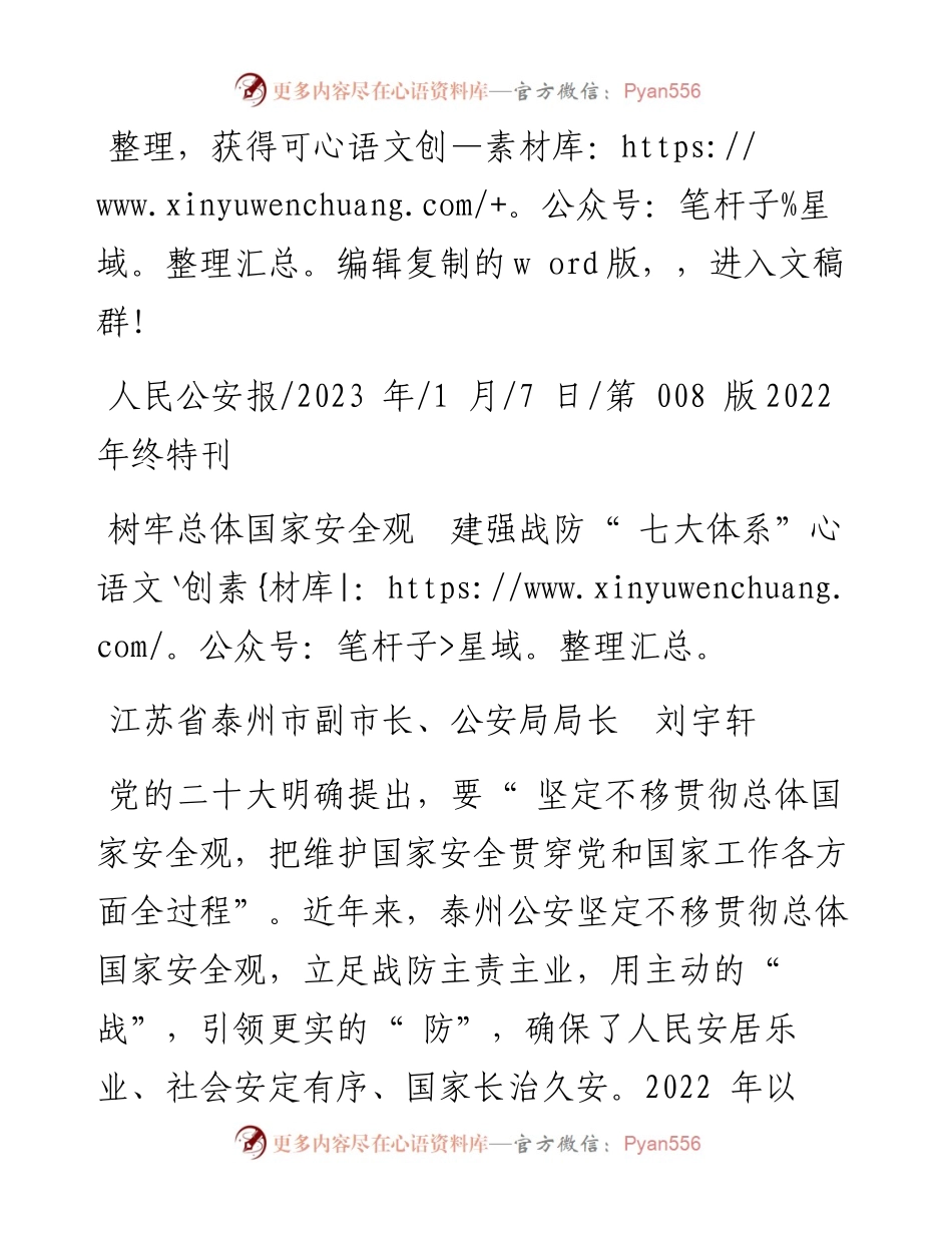 2023.01.07江苏省泰州市副市长、公安局局长刘宇轩：树牢总体国家安全观建强战防七大体系.docx_第1页