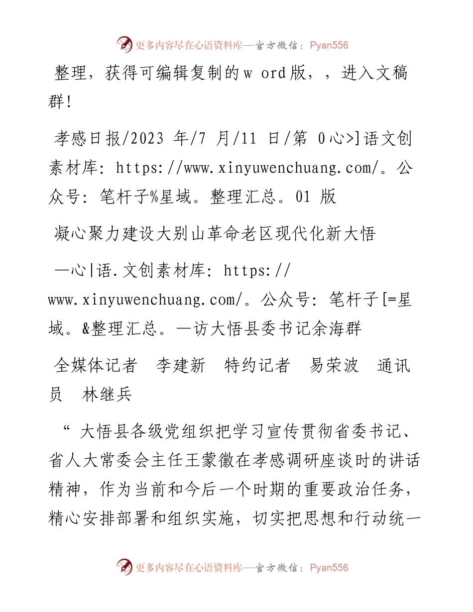 2023.07.11全媒体记者李建新特约记者易荣波通讯员林继兵：凝心聚力建设大别山革命老区现代化新大悟.docx_第1页