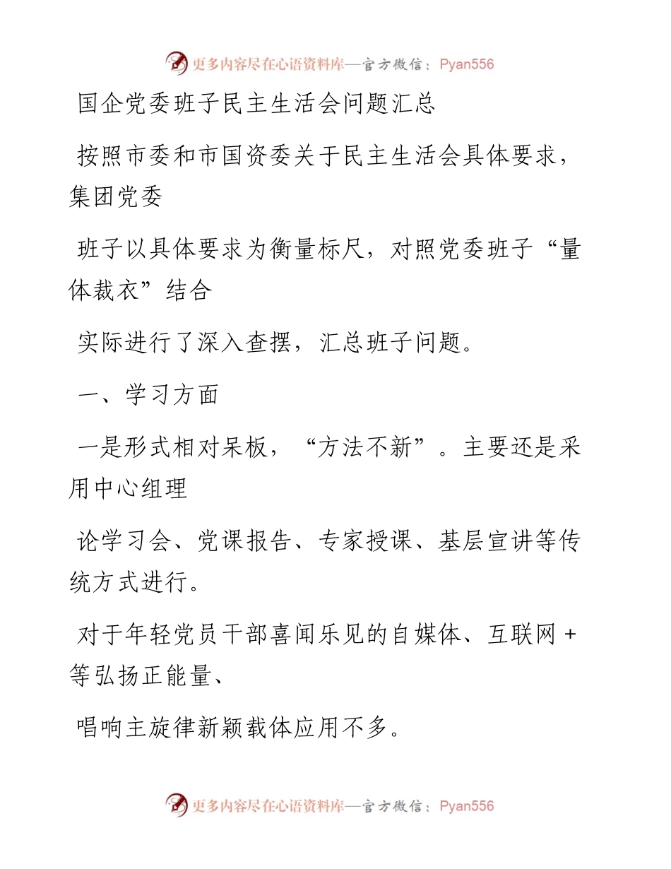 1114笔友分享国企党委班子民主生活会问题汇总.docx_第1页