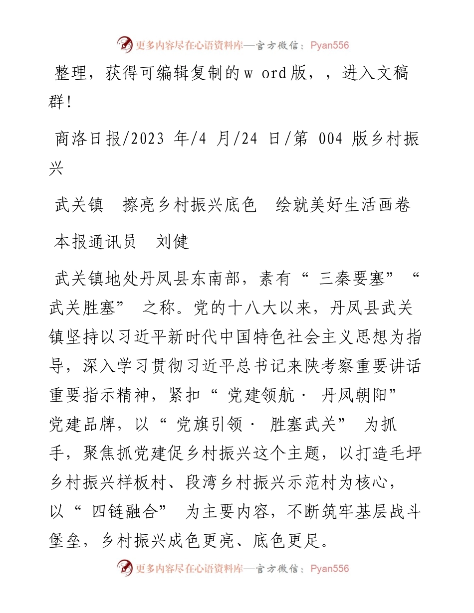 2023.04.24本报通讯员刘健：武关镇擦亮乡村振兴底色绘就美好生活画卷.docx_第1页