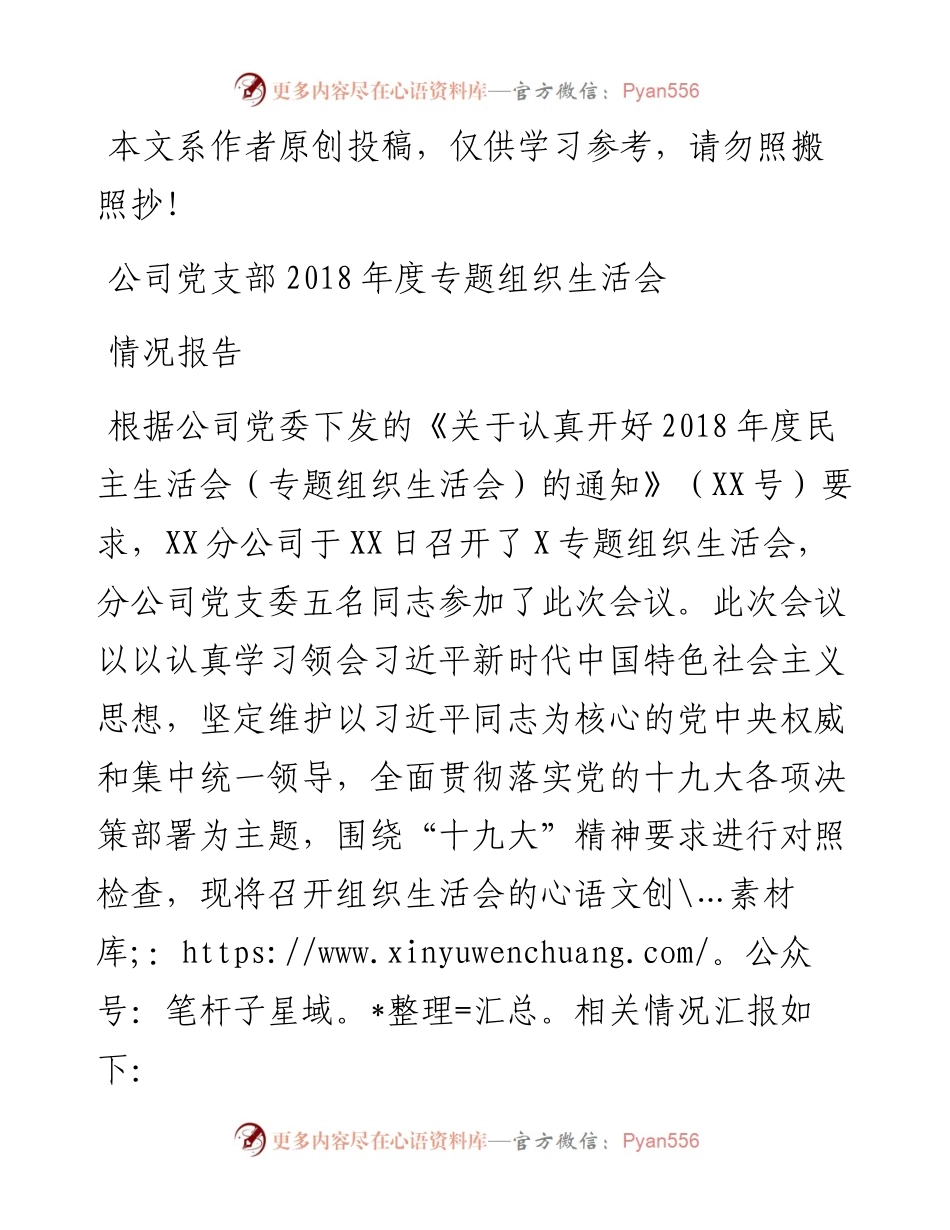 1901082-公司党支部度专题组织生活会情况报告.docx_第1页