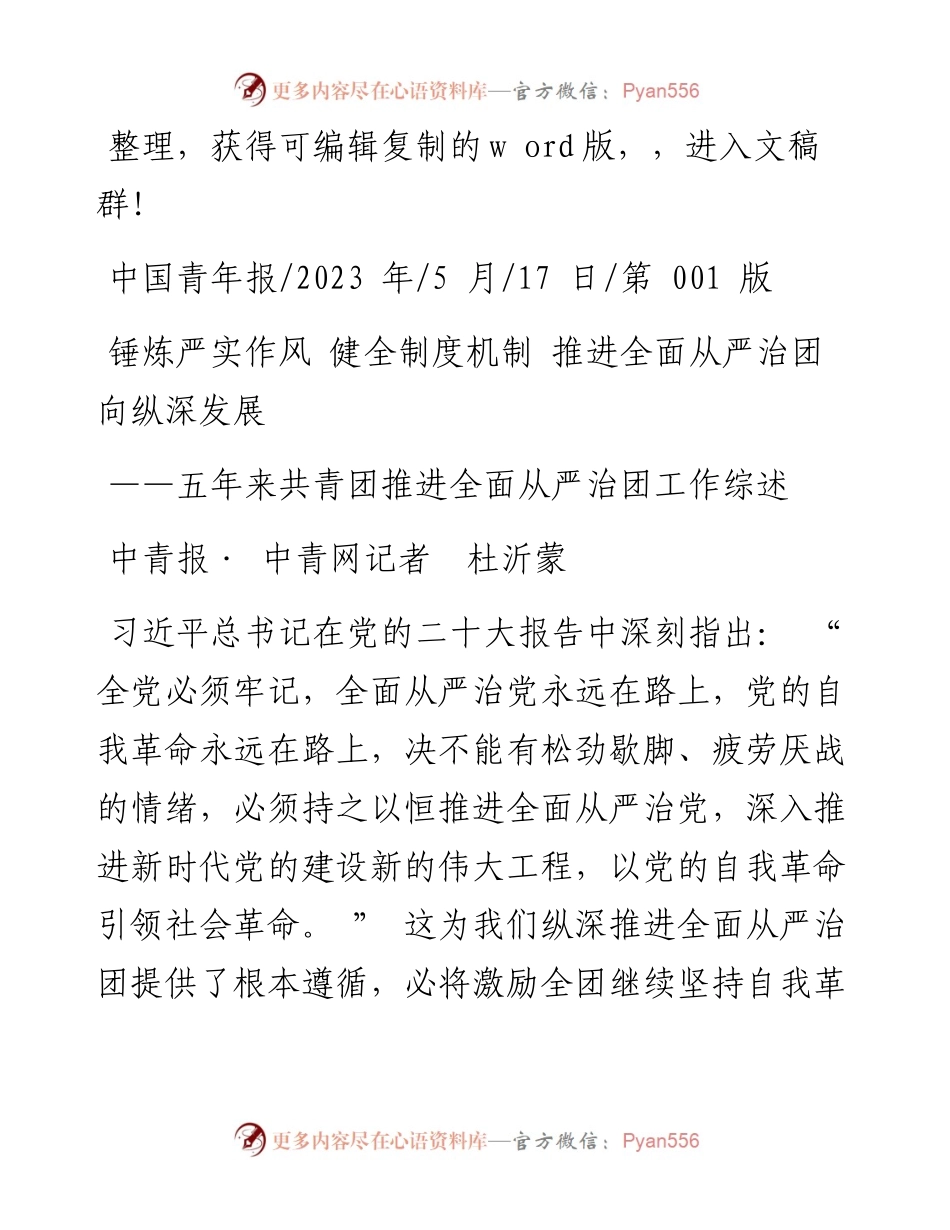 2023.05.17中青报·中青网记者杜沂蒙：锤炼严实作风健全制度机制推进全面从严治团向纵深发展.docx_第1页