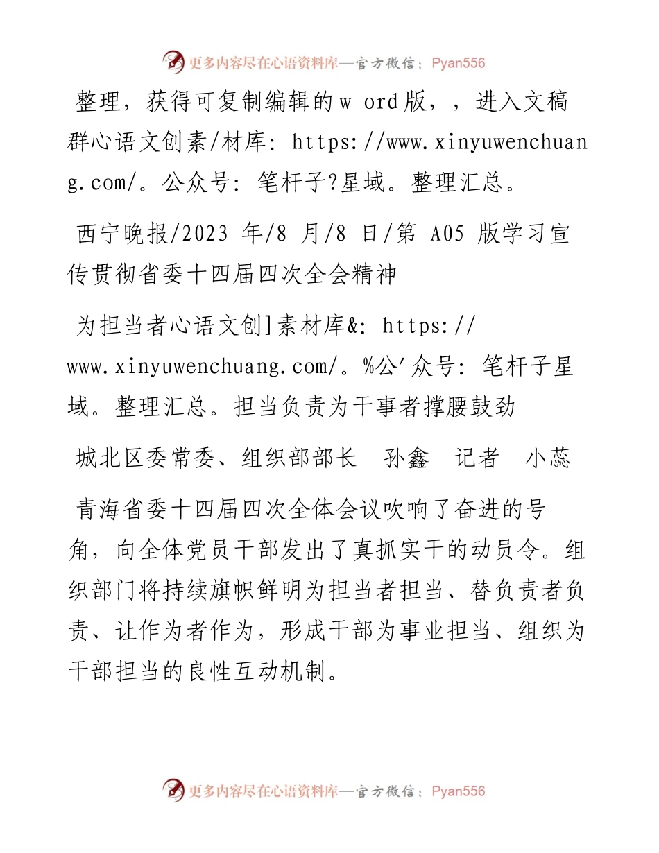 2023.08.08城北区委常委、组织部部长孙鑫记者小蕊：为担当者担当负责为干事者撑腰鼓劲.docx_第1页