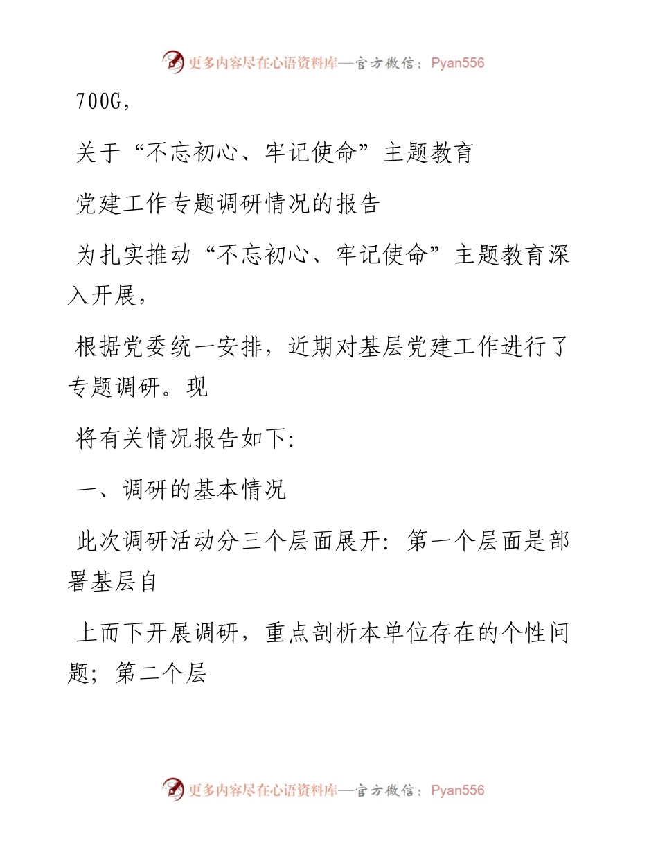 1029笔友分享关于不忘初心牢记使命主题教育党建工作专题调研情况的报告.docx_第1页