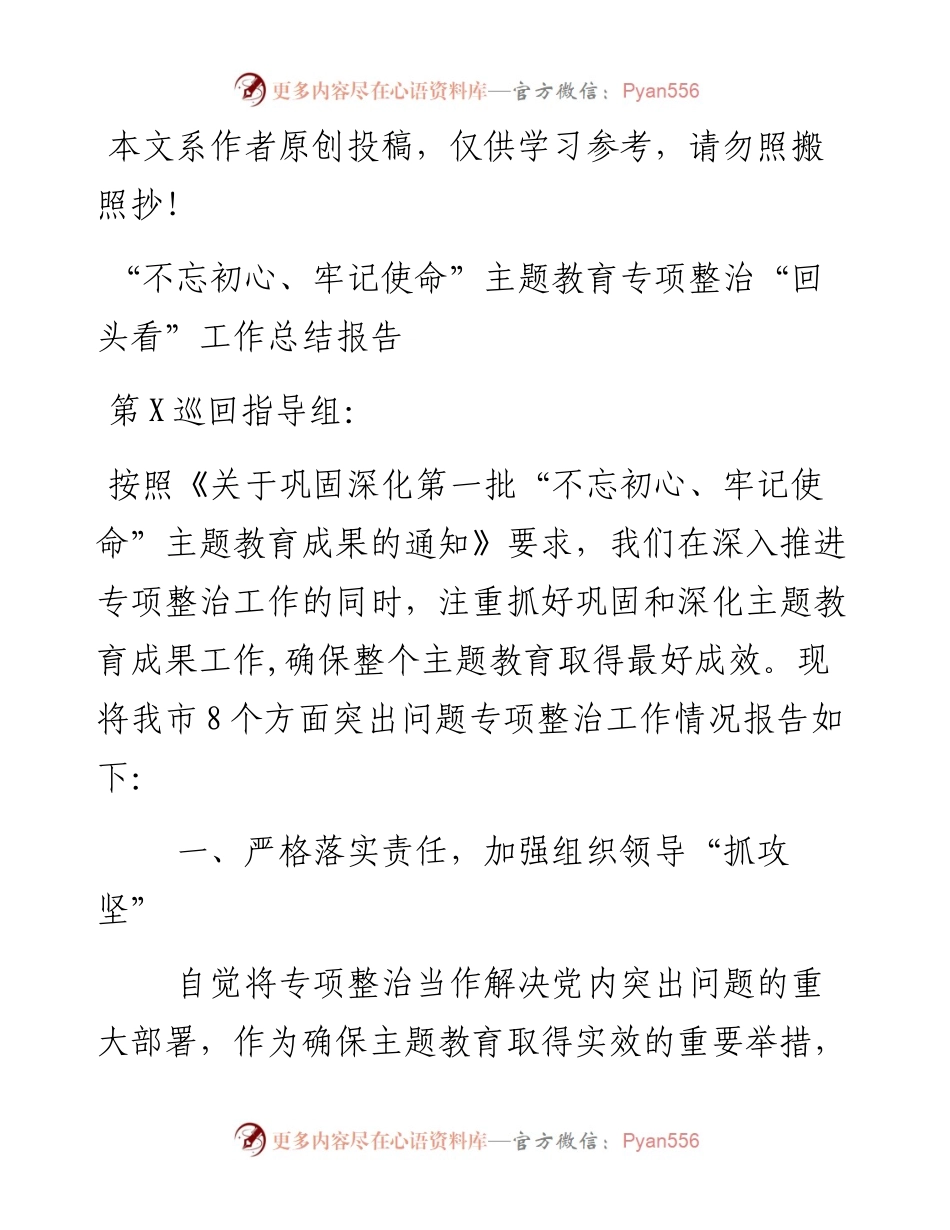110102不忘初心牢记使命主题教育专项整治回头看工作总结报告.docx_第1页