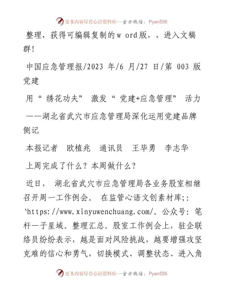 2023.06.27本报记者欧植兆通讯员王毕勇李志华：用绣花功夫激发党建+应急管理活力.docx_第1页