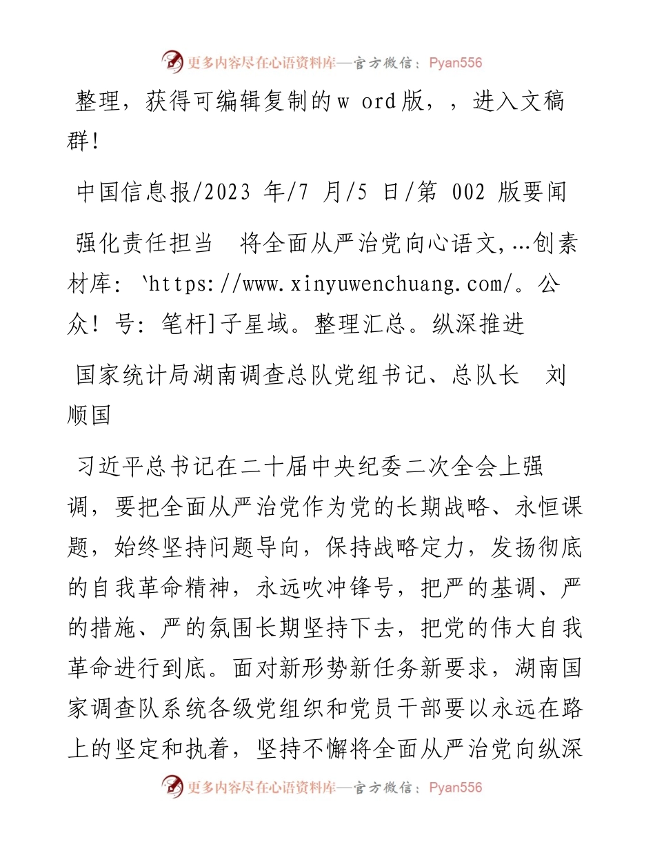 2023.07.05国家统计局湖南调查总队党组书记、总队长刘顺国：强化责任担当将全面从严治党向纵深推进.docx_第1页
