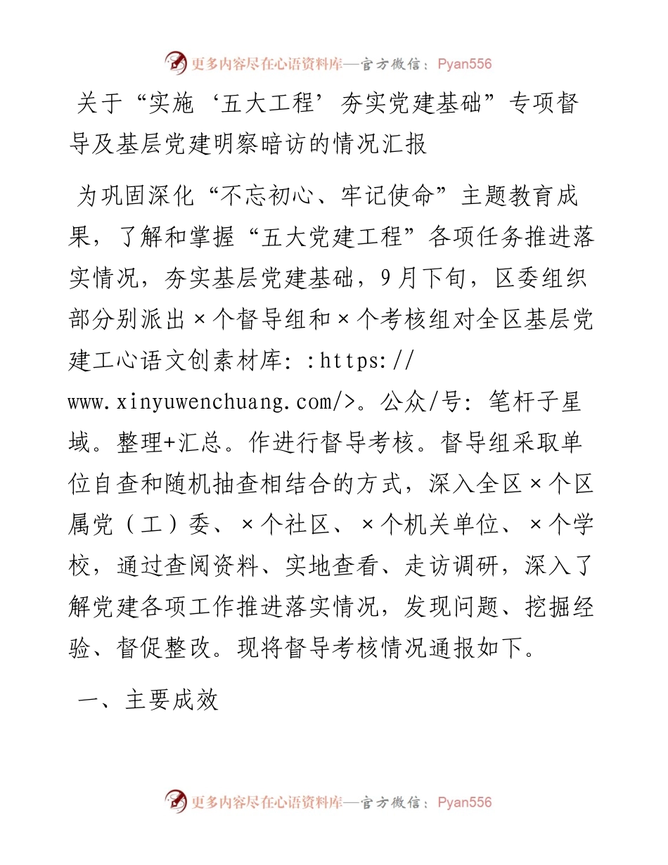 1013关于“实施‘五大工程’夯实党建基础”专项督导及基层党建明察暗访的情况汇报.docx_第1页