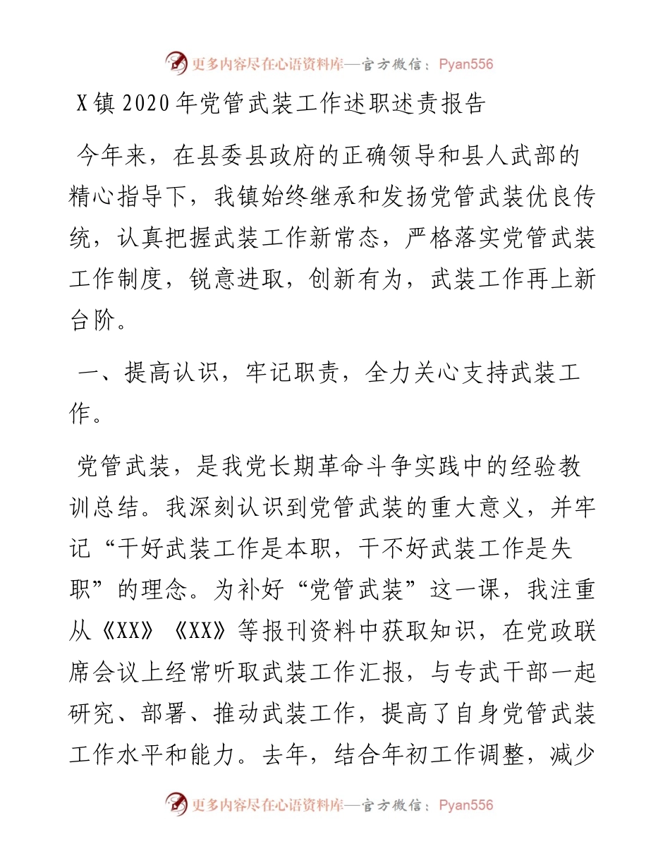1219X镇党管武装工作述职述责报告.docx_第1页