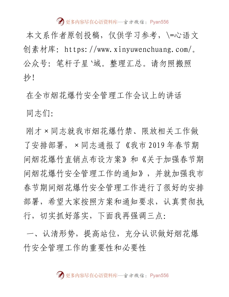 1901062-在全市烟花爆竹安全管理工作会议上的讲话（范文）.docx_第1页