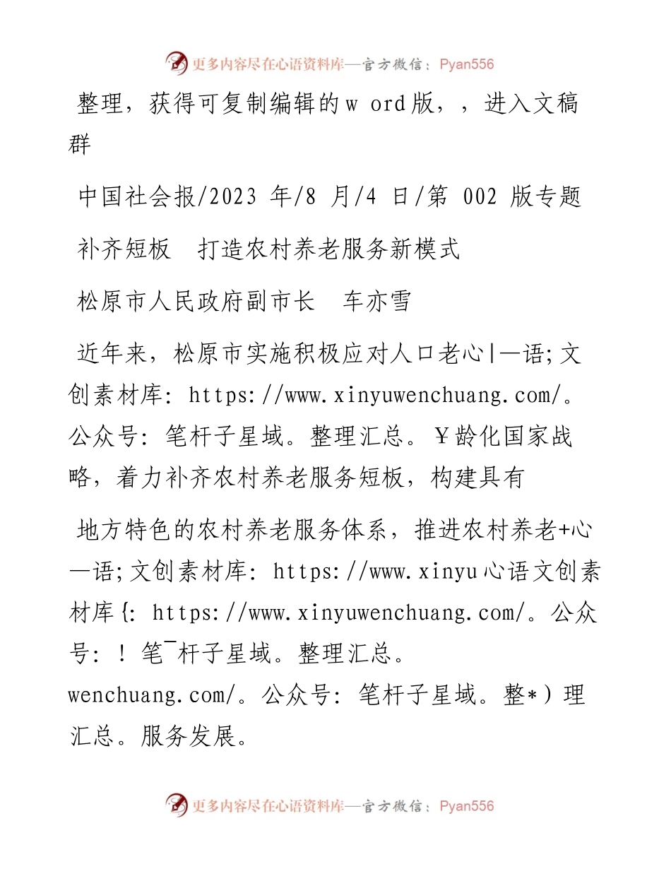 2023.08.04松原市人民政府副市长车亦雪：补齐短板打造农村养老服务新模式.docx_第1页