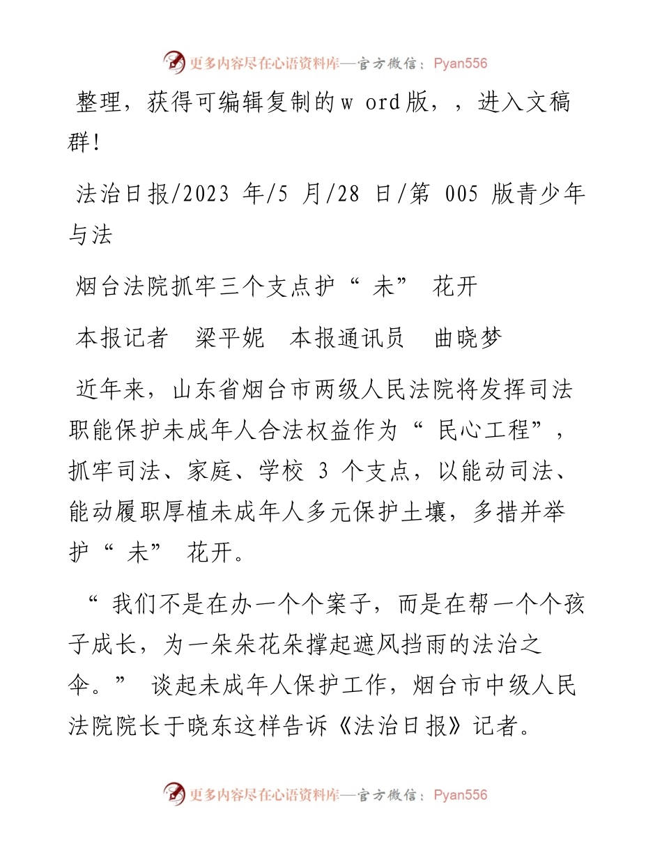 2023.05.28本报记者梁平妮本报通讯员曲晓梦：烟台法院抓牢三个支点护未花开.docx_第1页