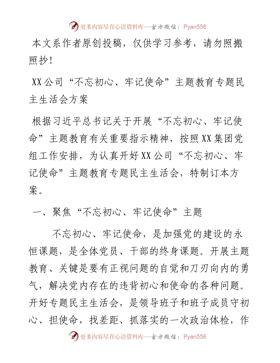 111602公司不忘初心牢记使命主题教育专题民主生活会方案.docx_第1页