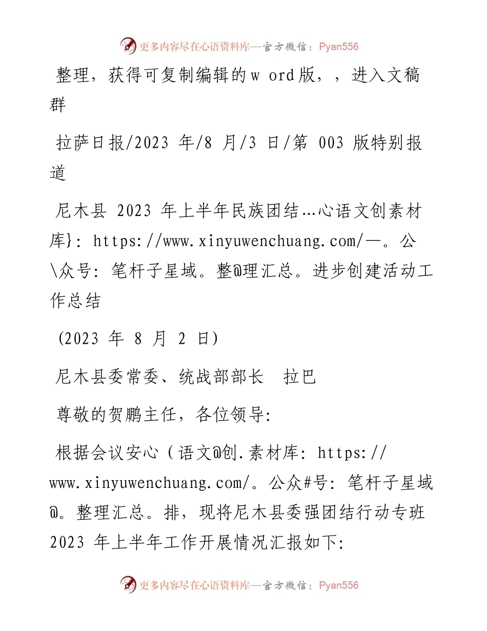 2023.08.03尼木县委常委、统战部部长拉巴：尼木县2023年上半年民族团结进步创建活动工作总结.docx_第1页