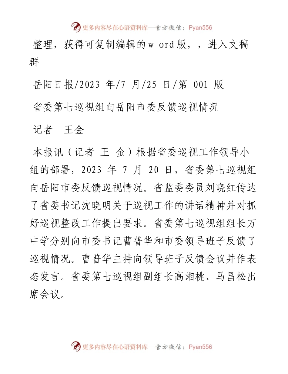 2023.07.25记者王金：省委第七巡视组向岳阳市委反馈巡视情况.docx_第1页