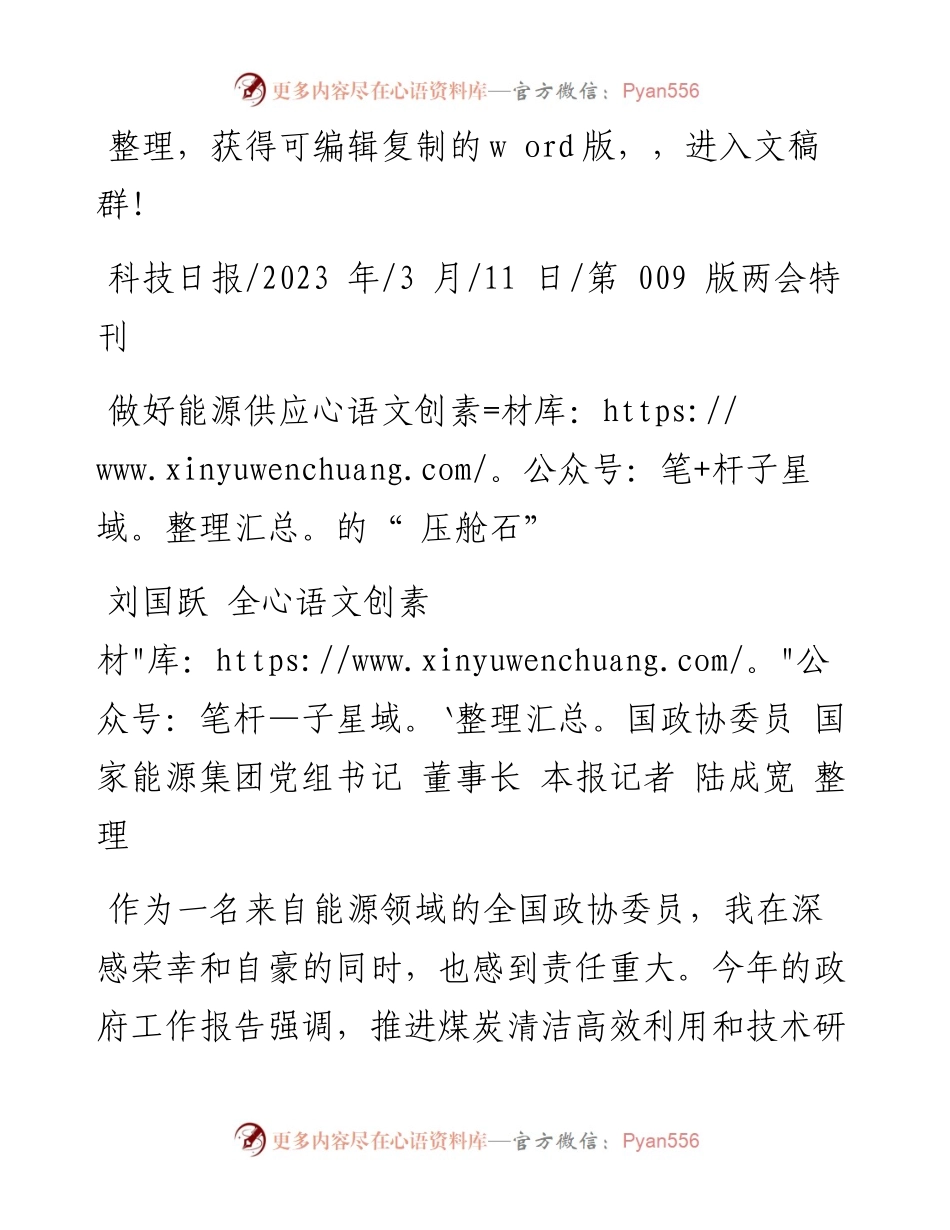 2023.03.11刘国跃全国政协委员国家能源集团党组书记董事长本报记者陆成宽整理：做好能源供应的压舱石.docx_第1页