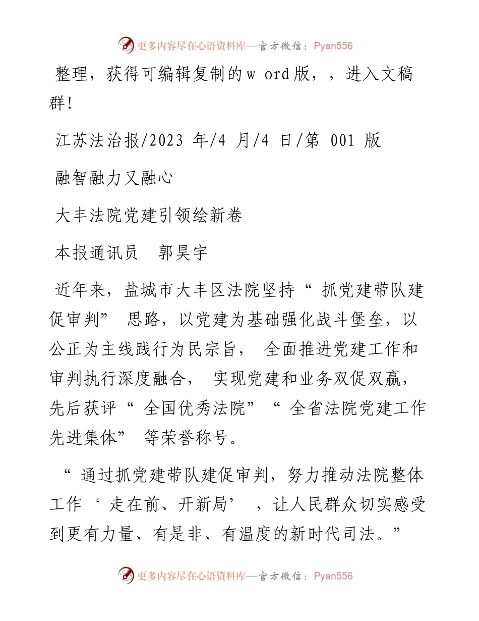 2023.04.04本报通讯员郭昊宇：大丰法院党建引领绘新卷.docx_第1页