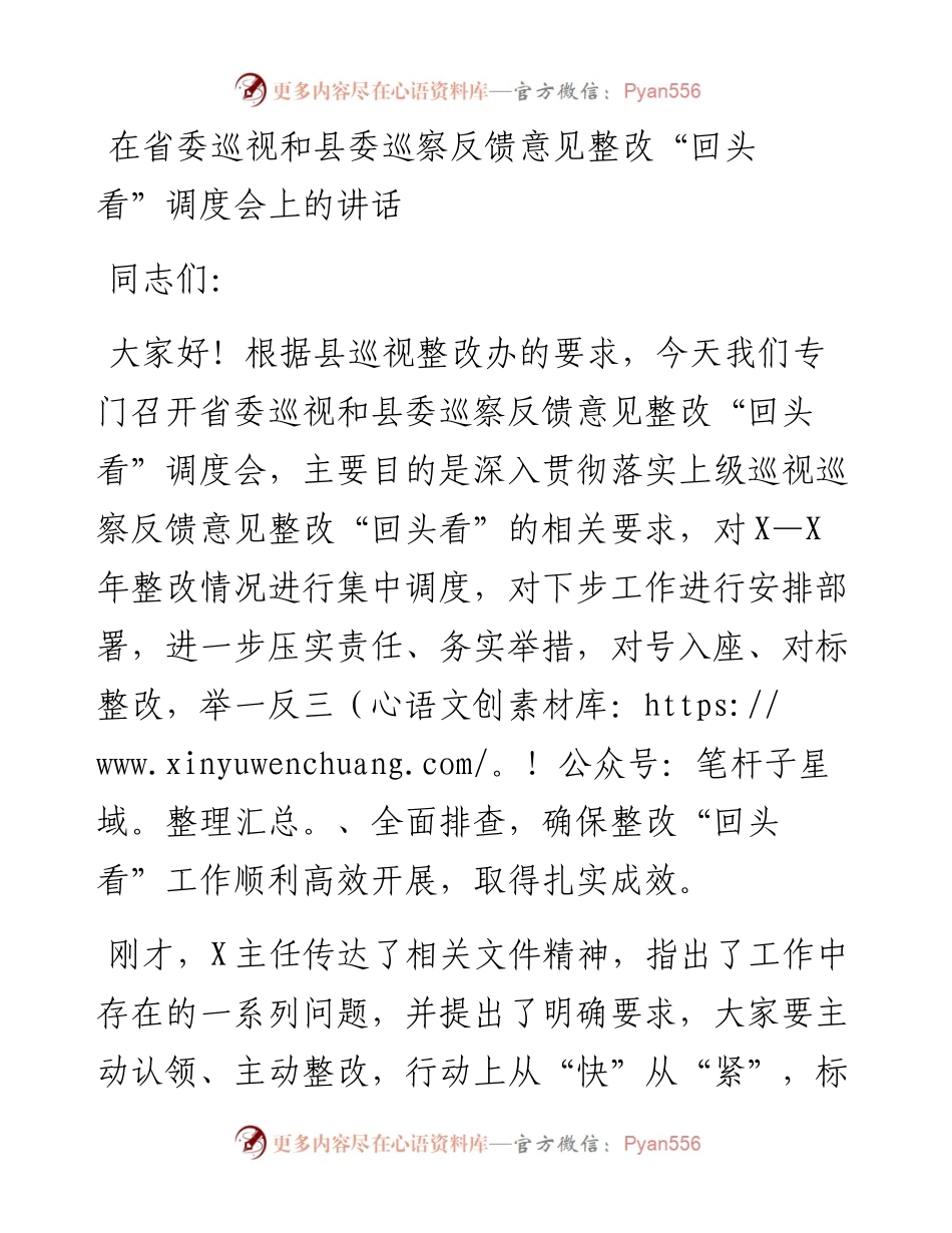 13302【在省委巡视和县委巡察反馈意见整改“回头看”调度会上的讲话.docx_第1页