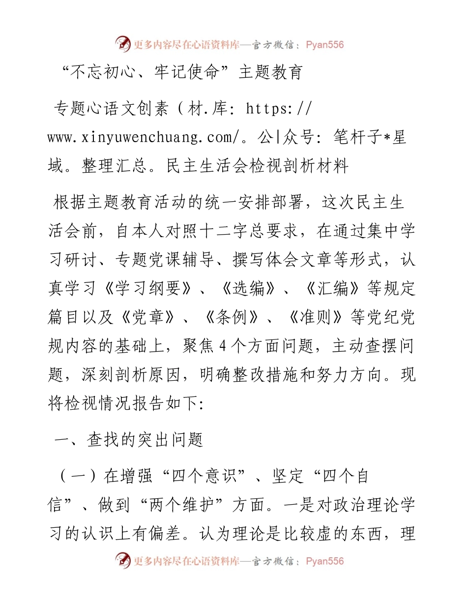 1101不忘初心牢记使命主题教育专题民主生活会检视剖析材料.docx_第1页