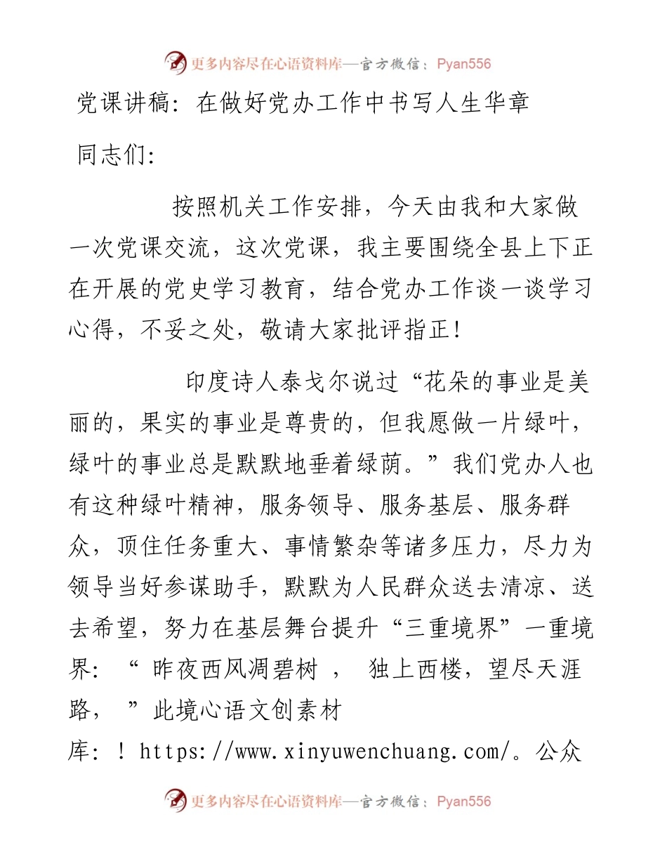 13338党课讲稿：在做好党办工作中书写人生华章.docx_第1页