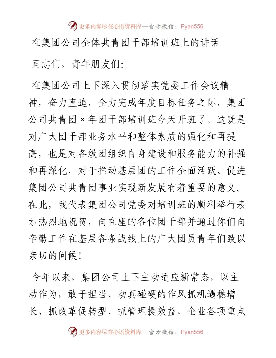 1020在集团公司全体共青团干部培训班上的讲话.docx_第1页