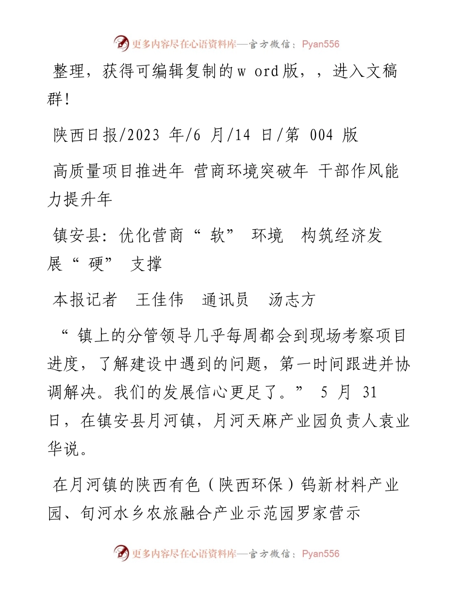 2023.06.14本报记者王佳伟通讯员汤志方：镇安县：优化营商软环境构筑经济发展硬支撑.docx_第1页