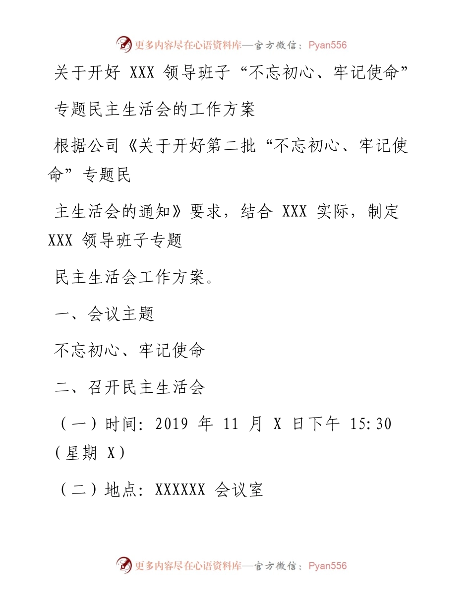 1125笔友分享领导班子不忘初心牢记使命专题民主生活会工作方案.docx_第1页