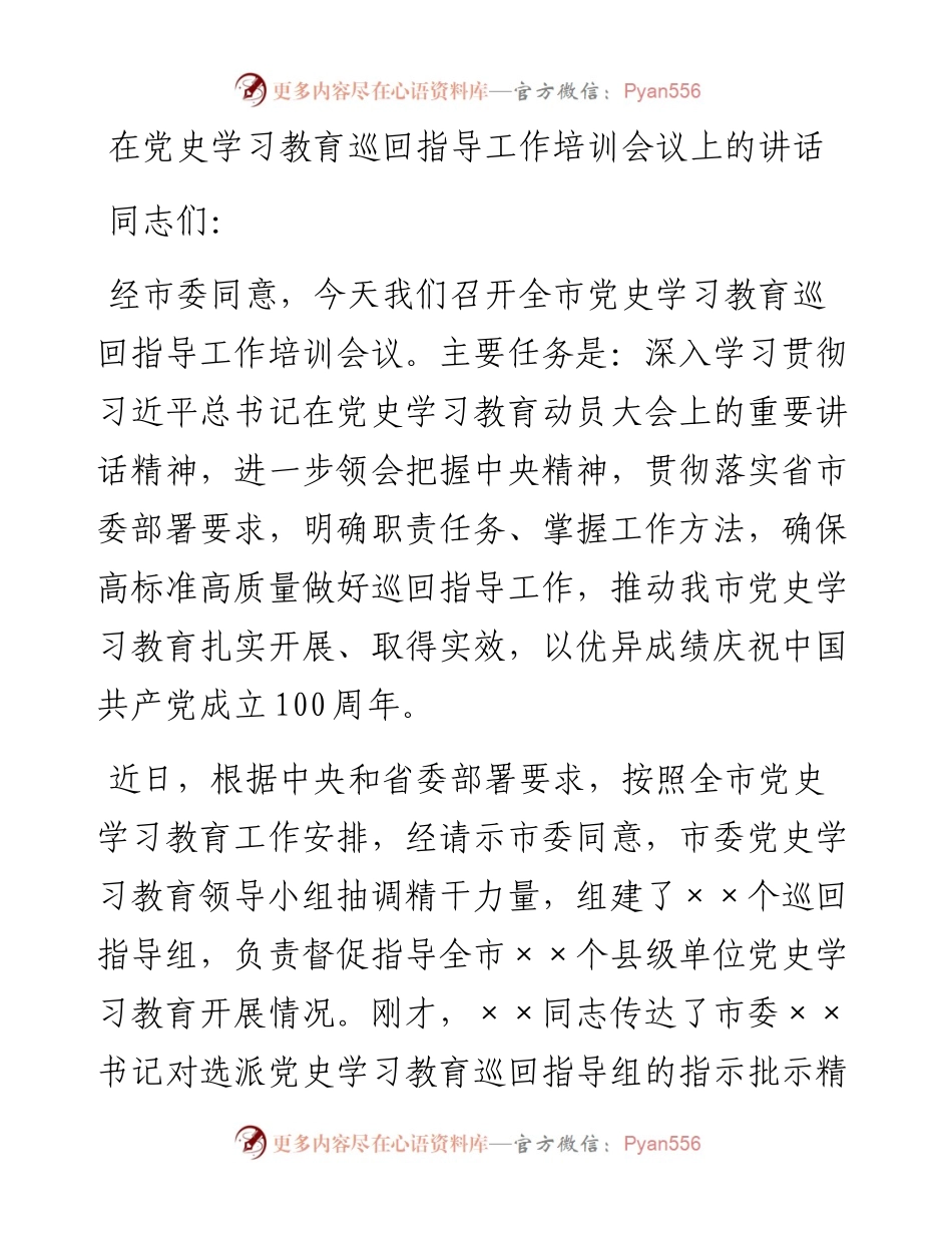 13638【在党史学习教育巡回指导工作培训会议上的讲话.docx_第1页