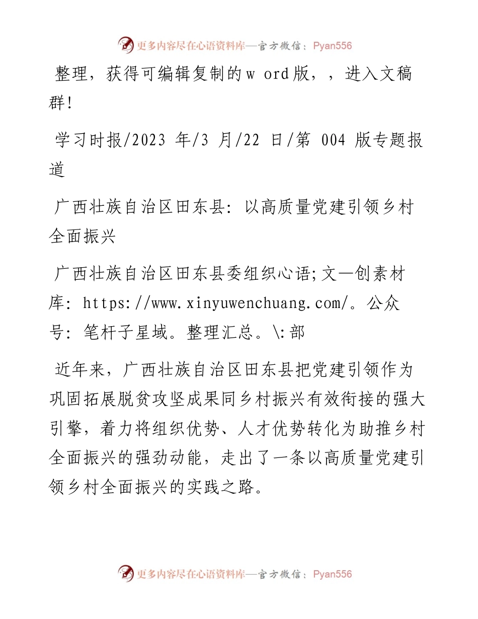 2023.03.22广西壮族自治区田东县委组织部：广西壮族自治区田东县：以高质量党建引领乡村全面振兴.docx_第1页